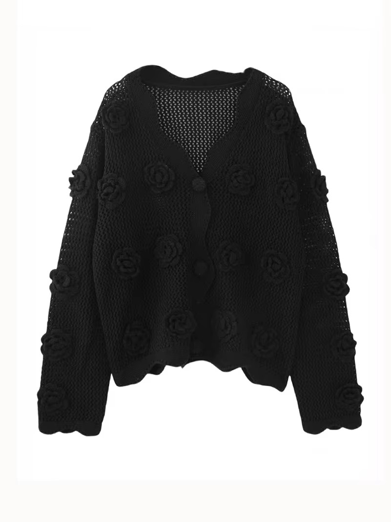 Embroidery Rose - Maglione cardigan scavato con fiori di