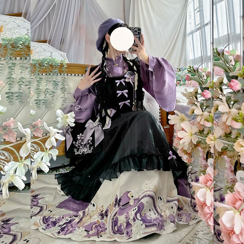 Embroidery Apron - Dolce cinese colletto alla coreana viola