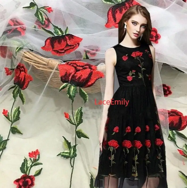 Embroidery Rose - Tessuto di pizzo rosa rossa ricamo