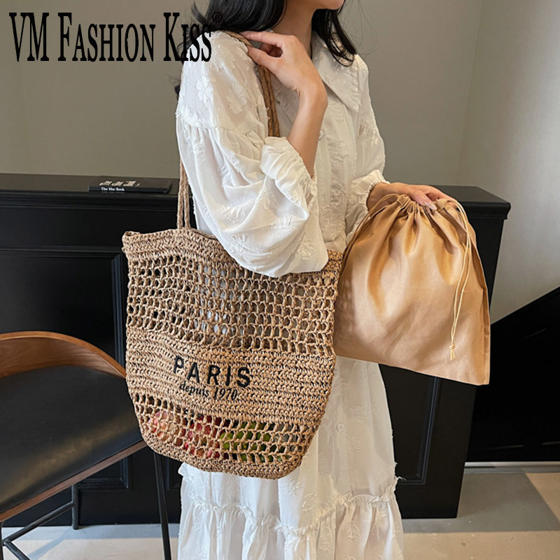 Embroidery Kiss - Borsa di paglia intrecciata alla moda