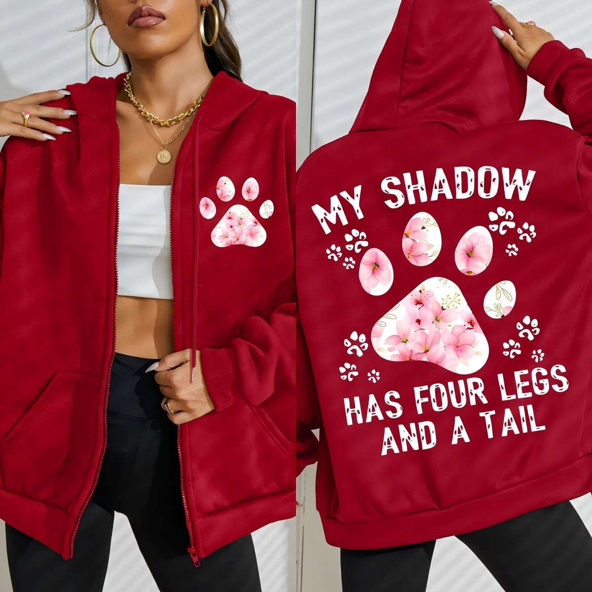 Embroidery Zip Up Hoodie - Fiore Gatto Piedi Mia Ombra Ha